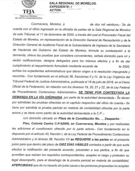 auto de admisión de contestación ante el Tribunal Federal de Justicia Administrativa